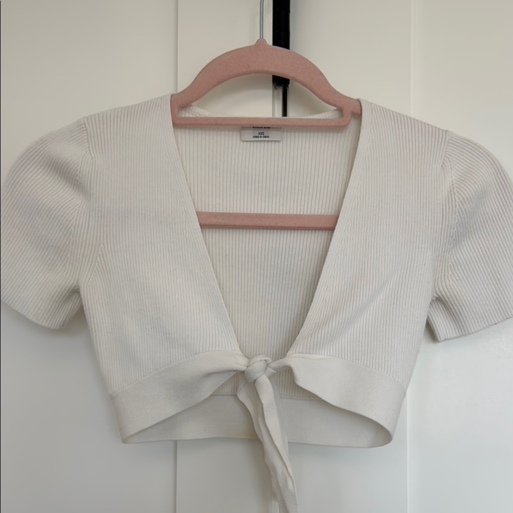 White Ribbed Tie-Front Top